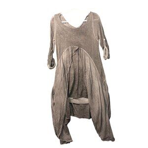 Scandal Italy Asymmetrical Muted Taupe Tunic Dress Roll-Up Sleeves Layered Hem